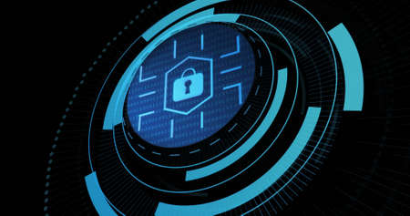 Image of digital padlock in processing circle on black background. Data processing, digital security...
