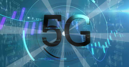 Image of graphs, data and 5g on blue background. Finance, economy and technology concept digitally...