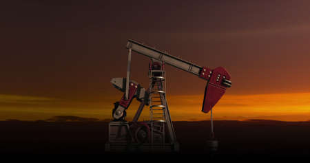 Image of working pumpjack over landscape. Global business and digital interface concept digitally generated image.の写真素材
