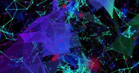 Image of triangles and pink frame over connections on black background. Abstraction, colour, shape...