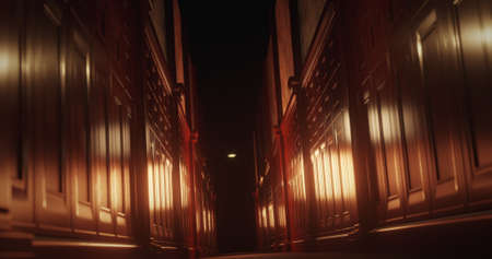 Image of old wood panelled corridor in scary dark interior. Fear, horror and suspense concept...