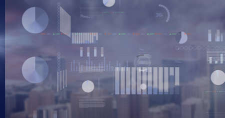 Image of data processing over cityscape. Global technology, computing and digital interface concept...