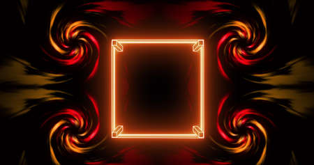 Image of glowing orange square frame and four rotating spirals on black background. Communication technology, abstract digital interface background concept digitally generated vidaの写真素材