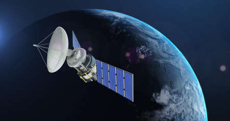 Image of satellite over globe spinning on blue background. Global connections and data processing...