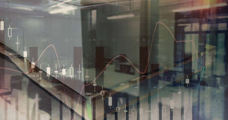 Image of office and box over data processing. Global business and digital interface concept digitally generated image.の写真素材