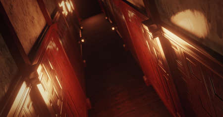 Image of old wood panelled corridor in scary dark interior. Fear, horror and suspense concept digitally generated image.の写真素材