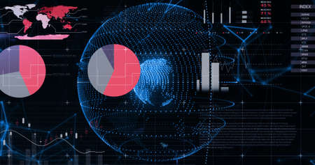 Image of data processing over globe. Global business and digital interface concept digitally...