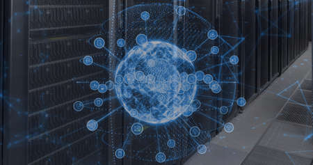 Image of data processing and globe over server room. Global business and digital interface concept...