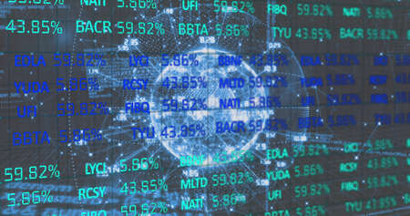 Image of data processing over globe. Global business and digital interface concept digitally...