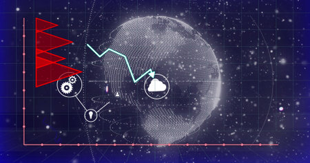 Image of data processing over globe with icons. Global business and digital interface concept...