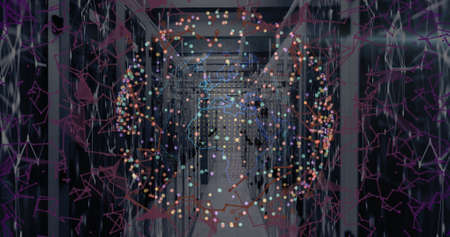 Image of data processing and globe over server room. Global business and digital interface concept...