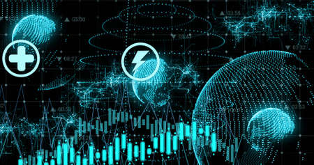 Image of data processing over globe with icons. Global business and digital interface concept...