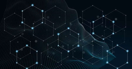 Image of connections and hexagons on black background. Global network, data, communication and...
