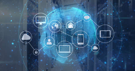 Image of data processing and globe with icons over server room. Global business and digital...