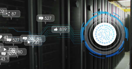 Image of media icons and fingerprint icon over server room. Global technology and digital interface...