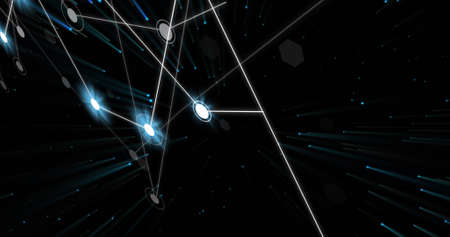 Image of network of connections on black background. Network, connections and technology concept digitally generated image,の写真素材