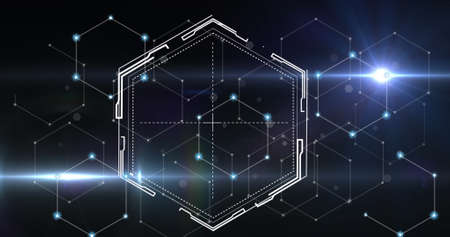 Image of network of connections with hexagons and lights. Network, connections and technology concept digitally generated image,の写真素材