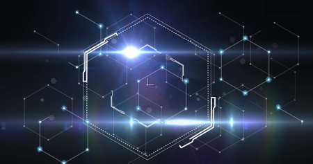 Image of network of connections with hexagons and lights. Network, connections and technology...