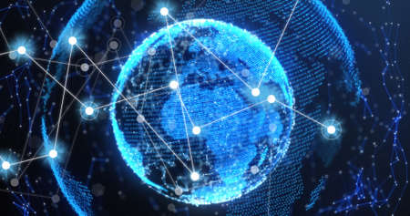 Image of, connections and globe on black background. Network, connections and technology concept...