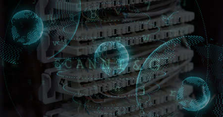 Image of data processing and globe over server room. Global business and digital interface concept...
