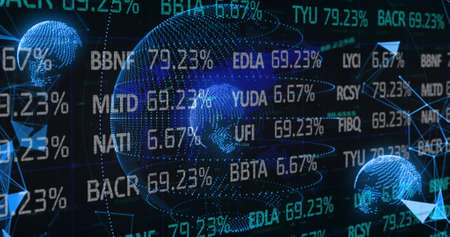 Image of data processing over globe. Global business and digital interface concept digitally...