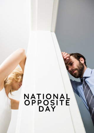 Composition of national opposite day text diverse couple. National opposite day and celebration concept digitally generated image.の写真素材