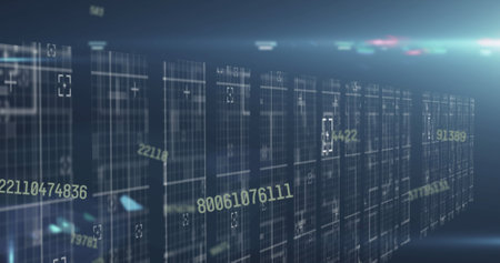 Image of numbers changing with light trails over tech room with computer servers. global technology data processing concept digitally generated image.の写真素材