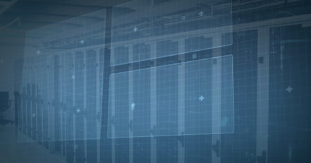 Image of digital data processing on screens over computer servers. global online computing, data...