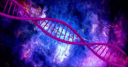 Image of dna strand over blue background. global science and digital interface concept digitally generated image.の写真素材