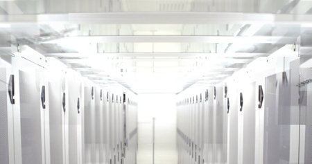 Image of data processing over tech room with computer servers. global technology data processing concept digitally generated image.の写真素材