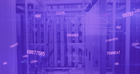 Image of pink numbers changing over tech room with computer servers. global technology data...