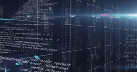 Image of data processing over tech room with computer servers. global technology data processing...