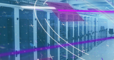 Image of scope scanning and data processing with computer servers in background. Digital interface...