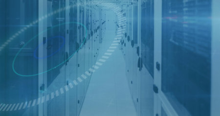 Image of scope scanning and data processing over computer servers in background. Digital interface...