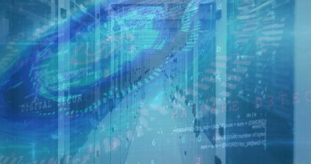Image of scope scanning and data processing over computer servers in background. Digital interface...