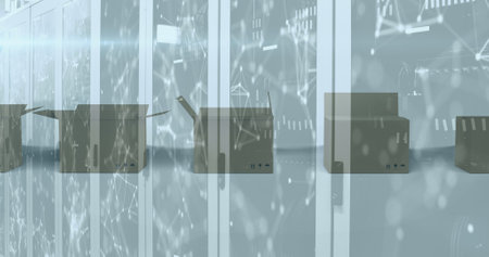 Image of network of connections over computer servers over cardboard boxes moving. Global shipping...