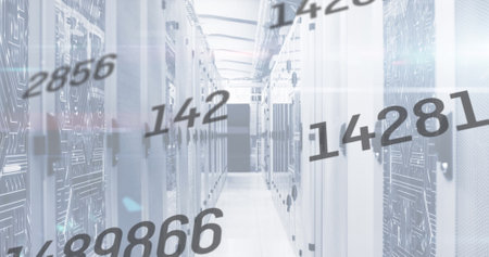 Image of numbers changing over tech room with computer servers. global technology data processing...