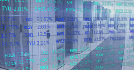 Image of scope scanning and data processing over computer servers. Digital interface online security...