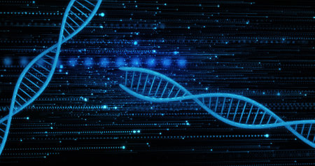 Image of dna strands over black background. global science and digital interface concept digitally generated image.の写真素材