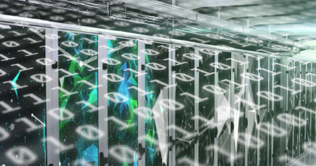 Image of binary coding over tech room with computer servers. global technology data processing...