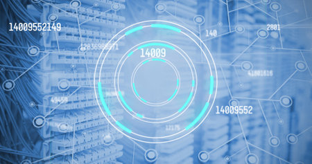 Multiple changing numbers over round scanner and network of connections against server room. global...