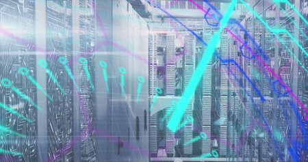Image of scope scanning and data processing over computer servers in background. Digital interface...