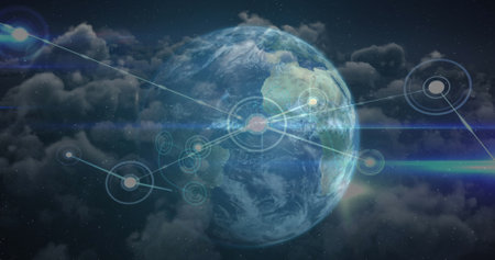 Network of connection over spinning globe against clouds in blue sky. global networking and...