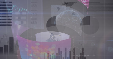 Image of statistics and data processing over screens. global connections, digital interface and data...