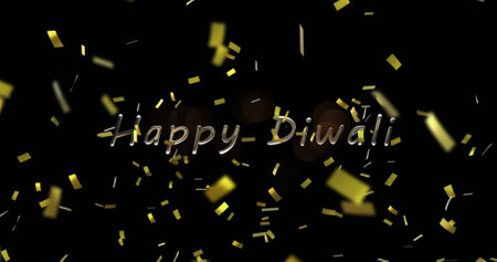Image of confetti and happy diwali over black background. diwali, tradition and celebration concept digitally generated image.の写真素材