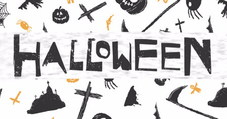 Image of happy halloween text over pumpkins, spiders, crosses on white background. halloween tradition and celebration concept digitally generated image.の写真素材