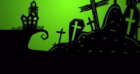 Image of halloween cemetery, ghosts and full moon on green background. horror, fright, halloween tradition and celebration concept digitally generated image.の写真素材