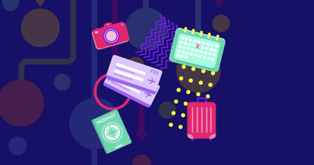 Image of travel icons and shapes on blue background. Social media, travel and digital interface...