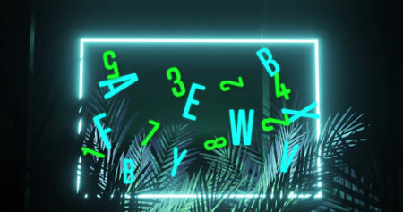 Image of processing data and blue neon ring, with palm leaves on black background. Communication, celebration and data, retro future concept digitally generated image.の写真素材