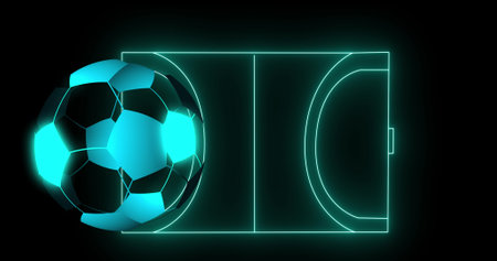 Image of digital football over neon stadium on black background. Global sport, technology and digital interface concept digitally generated image.の写真素材